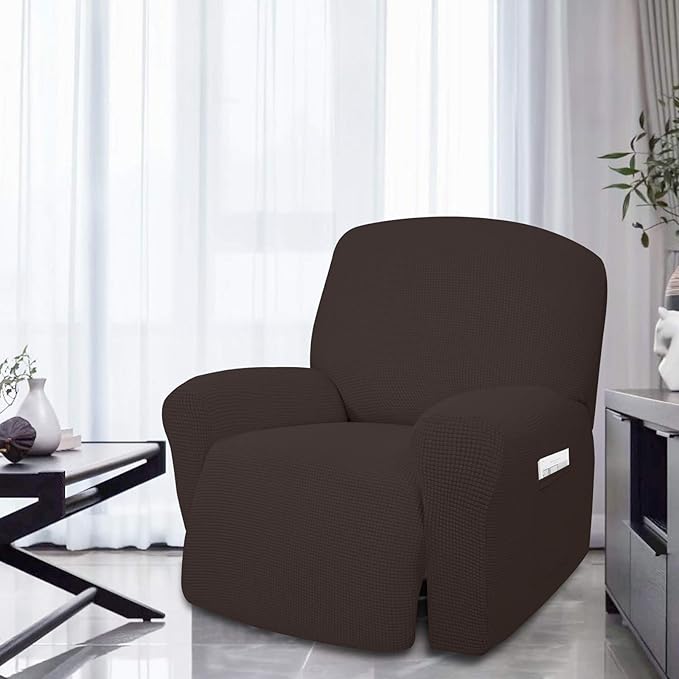 Easy-Going 4 Pieces Oversized Recliner Stretch Sofa Slipcover Sofa Cover Furniture Protector Couch Soft with Elastic Bottom Polyester Spandex Jacquard Fabric Small Checks Chocolate,X-Large