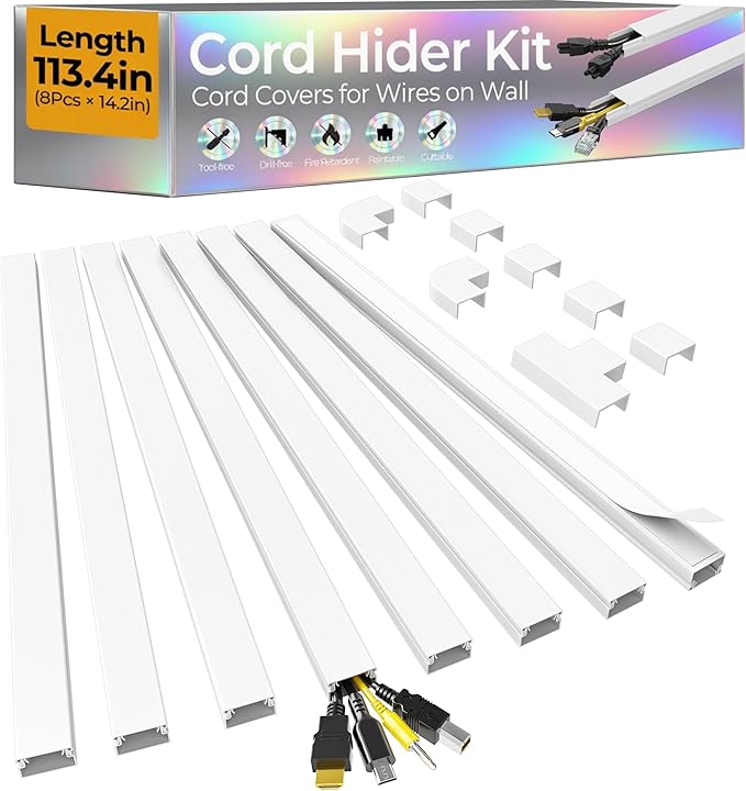 113.4in Cord Hider Kit, Cord Covers for 2-4 Wires on Wall, Self-Adhesive Cable Hider Wire Covers for Cords on Wall, Paintable Cord Hider for Walls Mount Tv, Cable Cover Raceway, W0.95 H0.55in, White