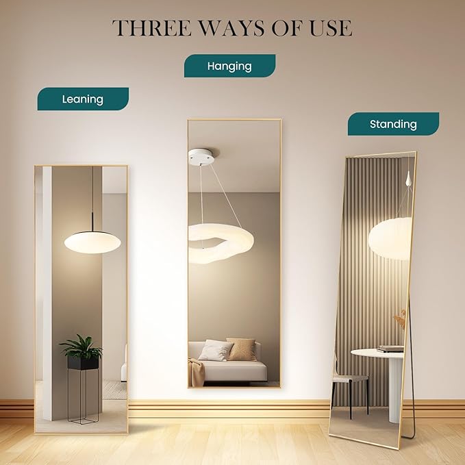 NEWBULIG 59.1"x15.7" Full Length Mirror, Full Body Floor Mirror with Aluminum Alloy Thin Frame, Wall or Standing Mirror for Bedroom, Living Room, Dressing Room, Gold