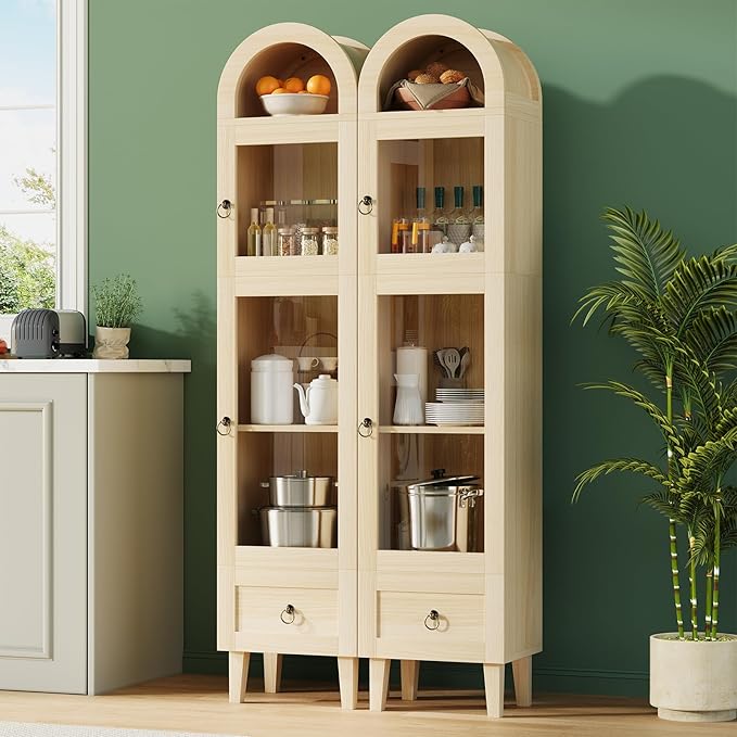 71" Tall Arched Cabinet with Acrylic Door, Modern Curio Arched Bookcase W/Drawer