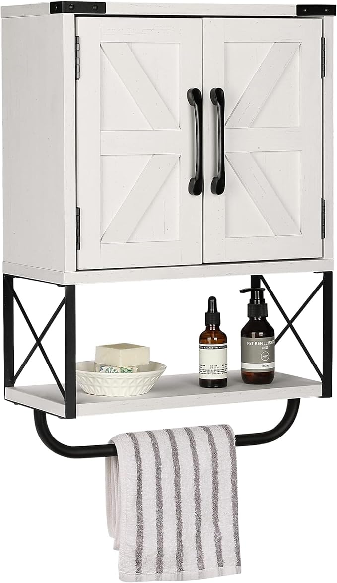 RUSTOWN Farmhouse Rustic Medicine Cabinet with Two Barn Door,Wood Wall Mounted Storage Cabinet with Adjustable Shelf and Towel Bar, 3-Tier Cabinet for Bathroom, Living Room(Vintage White)