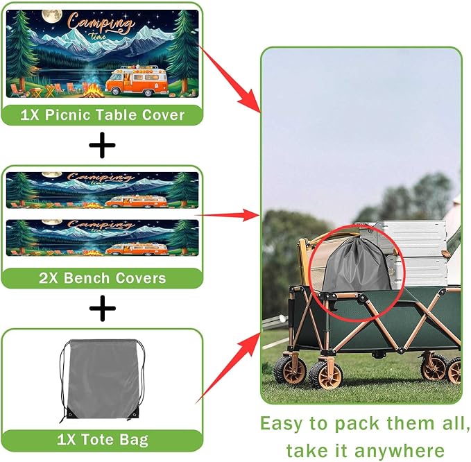 Picnic Table Cover with Bench Covers and Bag, Forest Mountain Lake Fitted Outdoor Table Covers, Camping Essentials, Windproof & Waterproof Tablecloth Cover with Elastic Edge, 3 PCS, 30x72 Inch