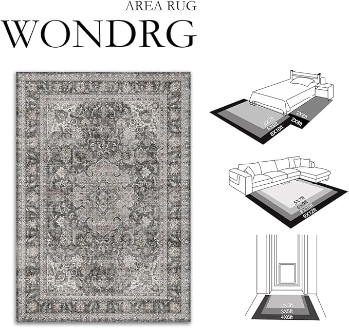8x10 Washable Vintage Area Rug Black Grey Living Room Bedroom Carpet Non-Slip Soft Low Pile Distressed Indoor Large Throw Rug for Dining Room Office