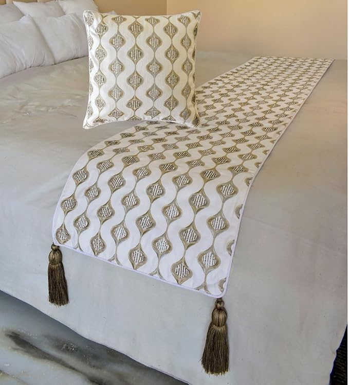The HomeCentric King/Queen/Twin Beige Decorative Bed Runner Twin 53"x18" Bed Runner Without Pillow Cover, Embroidery, Geometric, Beaded Hand Embroidery Bed Scarf on Linen Fabric - Mahsa