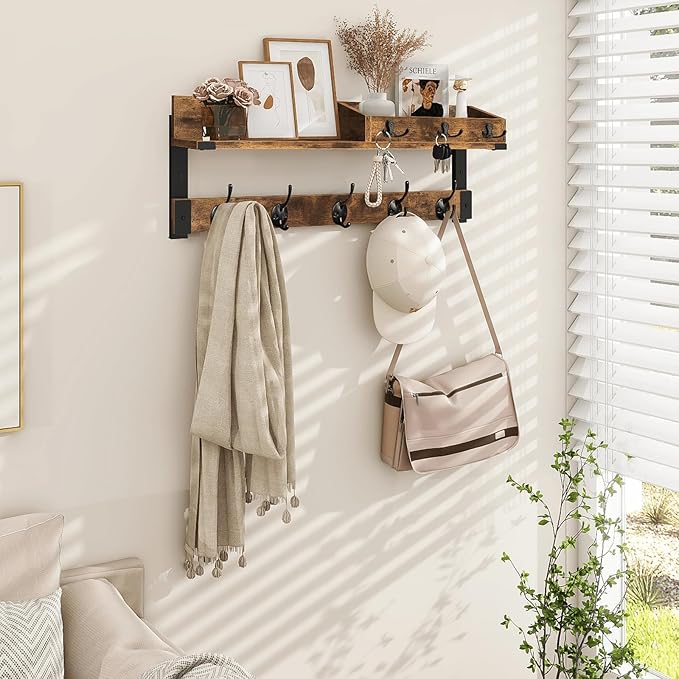 Homode Coat Rack with Shelf, Wall Shelf with Hooks, 26 Inch Long Coat Hanger Wall Mount with Key and Mail Holder, Wood Entryway Shelves for Hanging Hat Jacket Backpack Purse, Rustic Brown Black