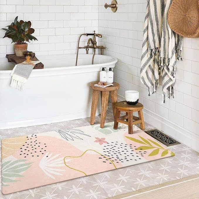 Lahome Washable Runner Rug for Hallway - 2x4 Non-Slip Throw Soft Bathroom Rug Runner Lightweight Pink Kitchen Mat, Boho Botanical Print Indoor Carpet Runner for Entrance Bedroom Laundry Living Room
