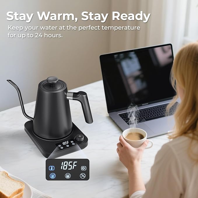 AGORVIO Gooseneck Electric Kettle, ±1°F Temperature Control Electric Kettle, 1.0L 1200W Fast Heating, 24H Keep Warm, 30Min Auto Memory, Food Grade Stainless Steel, Pour Over Kettle for Coffee and Tea