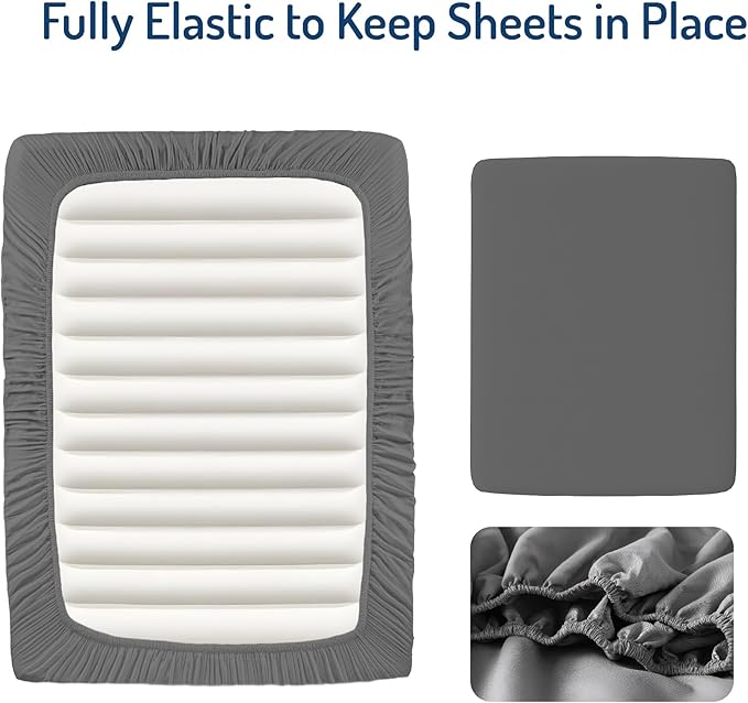 Degrees of Comfort Full Size Sheet Set for Air Mattress – Extra Deep Pocket up to 22”, 4-Piece Bedding Sets with Dual Side Storage Pockets, Breathable & Soft, Wrinkle-Free, Grey