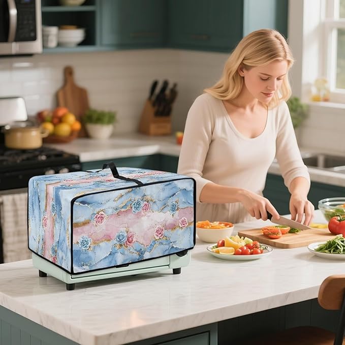 Rose Marble Texture Print Microwave Oven Grill Cover Protector Polyester-Linen Fabric Microwave Oven Dust Cover with Storage Bags Case Protections for Toaster Oven, M