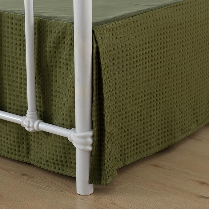 Bed Skirt King Size, Pleated Waffle Weave Bed Skirt with Split Corners, Tailored Dust Ruffle 18 Inch Drop Easy Fit, Machine Washable (Green, King - 18" Drop)