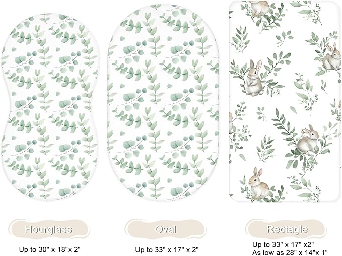 Bassinet Sheets for Baby Girls Boys 2 Pack, Fitted Baby Mattress Sheet for Rectangle, Oval, Hourglass Bassinet Mattress, Breathable Cozy & Universal Fit (Sage Trail)