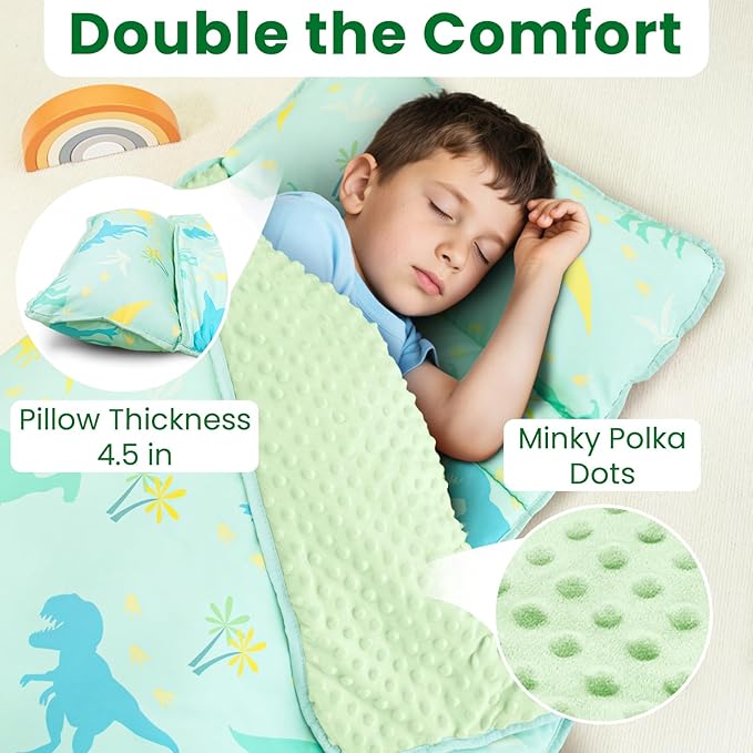 Toddler Nap Mat with Pillow and Minky Blanket, Large 55"x35" Sleeping Bag, Washable, Lightweight, Easy to Roll, Perfect for Preschool, Daycare, Kindergarten, Travel, Boys and Girls(Dinosaur)
