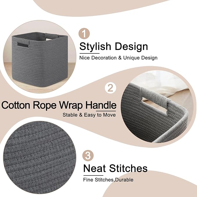 OIAHOMY Storage Cubes 11 Inch Storage Bins-3 Pack, Cotton Rope Woven Baskets for Organizing, Square Baskets for Shelves Organizer, Classroom, Toy Basket, DarK Grey