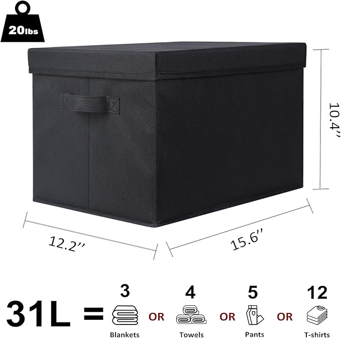 WUIKE Closet Storage Bins with Lids, Foldable Fabric Clothes Storage Bins for Organizing, Closet Organizer Boxes for Shelves, Black, Extra Large, 3-Pack