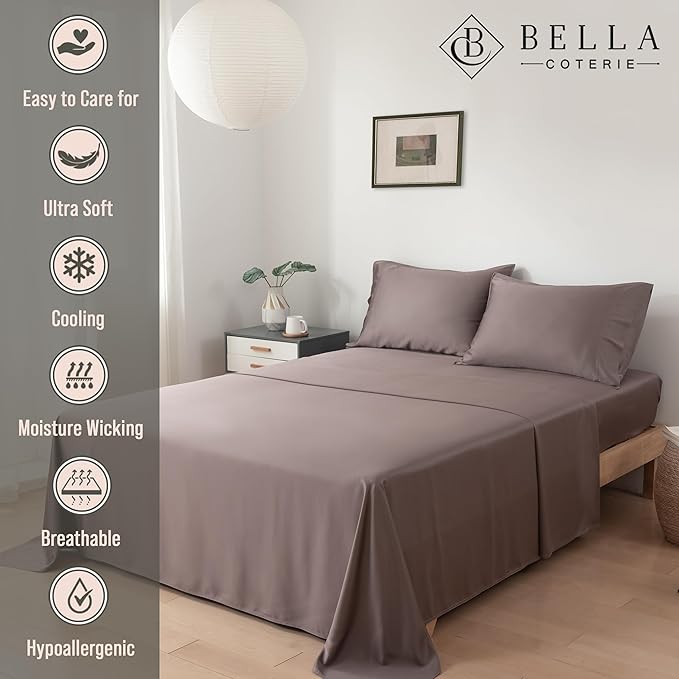 Bella Coterie Luxury Bamboo Viscose Cal King Size Sheet Set | 100% Organically Grown | Ultra Soft | Cooling for Hot Sleepers | 18" Deep Pocket [Mocha]