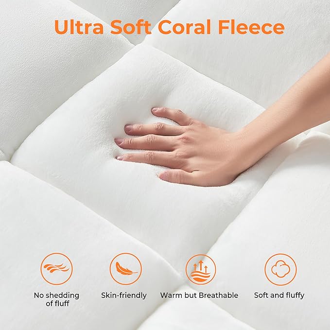 Ultra Soft Coral Fleece Full Size Mattress Topper, No Compression Plush Thick Pillow Top Mattress Pad with Deep Pocket, Winter Warm Cozy Bed Topper Cover for Back Pain Relief