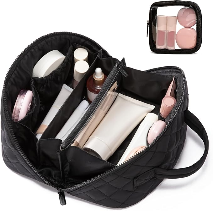 LOVEVOOK Travel Makeup Bag for Women, 2Pcs Puffer Waterproof Cosmetic Organizer, Large Capacity Pouch Open Flat Small Toiletry Bag with Brush Compartment & Handle (Black, Medium)