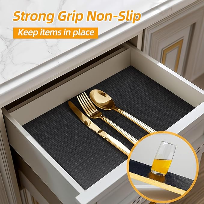 Shelf and Drawer Liner for Kitchen Cabinets Non-Adhesive, Strong Grip Non-Slip Thickened Cabinet Liners for Shelves, Waterproof Mats for Dresser Cupboard, Black, 23 in x 30 Feet