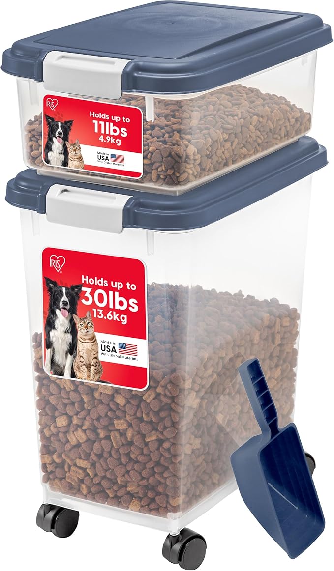 IRIS USA Dog Food Storage Container, 30 lbs & 11 lbs Combo, Cat Food Storage Container, Dog Treat Container, Airtight, Stackable, 2-Cup Scoop, Wheels, Easy Mobility, Navy