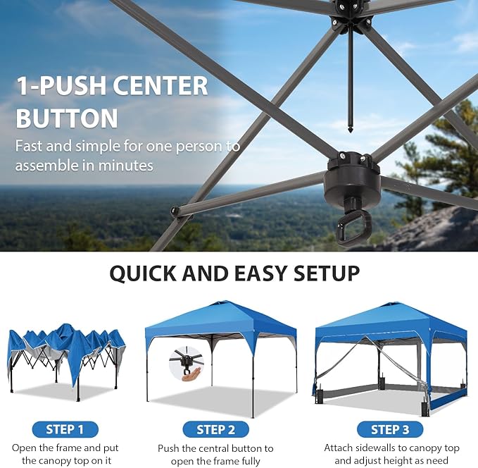 10x10 FT Pop Up Canopy with 4 Clear PVC Sidewalls, Instant 1-Button Push Canopy Tent for Outdoor Activities & Events
