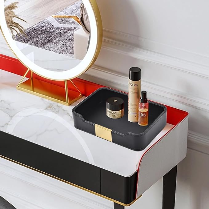 Luxury Leather Valet Tray Desktop Storage Organizer,Bedside Vanity Catchall Tray Nightstand Caddy Holder for Cosmetic,Jewelry,Watch,Keys,Phone,Wallet,Remote Controller,Pen,Black