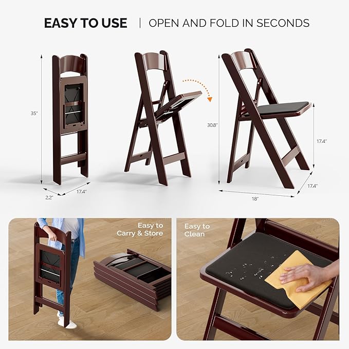 VINGLI Resin Folding Chairs with Cushion, Foldable Plastic Chair with Comfortable Padded Seats, Perfect for Event Party Indoor Outdoor, Reddish Brown, 1 PC