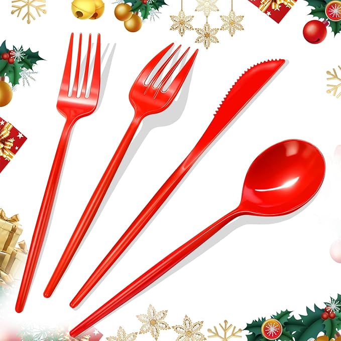 Gudvilla 120pcs Red Plastic Silverware Set Sturdy Red Utensils Disposable Plastic Cutlery Heavy Duty includes Forks and Spoons and Knives Sets for Valentines Day Birthday Graduation Chinese New Year