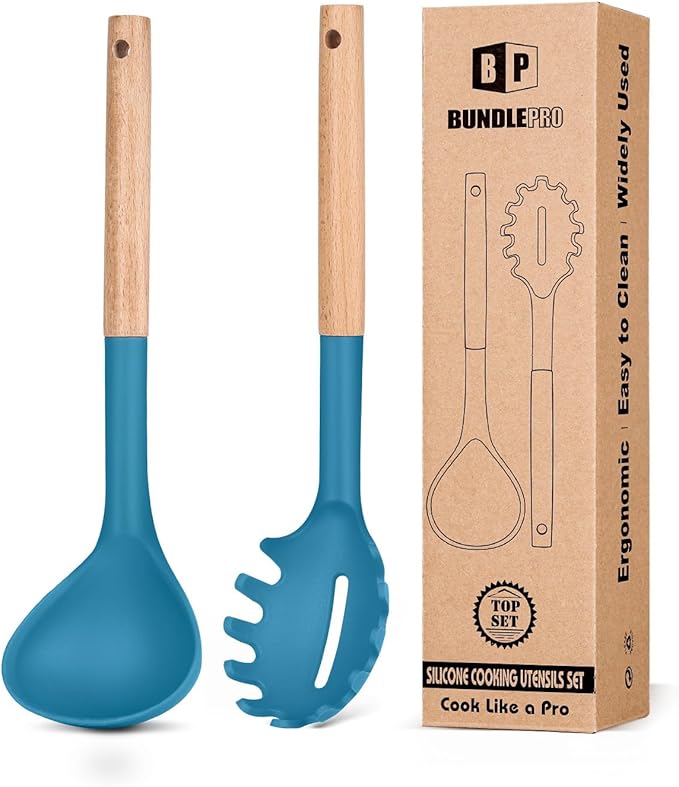 BUNDLEPRO Silicone Soup Ladle and Pasta Spoon Set with Wooden Handle
