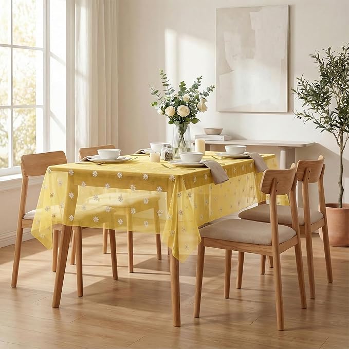 Horaldaily Yellow Embroidery Daisy Spring Summer Gauze Tablecloth 52×70 Inch Rectangular, Seasonal Tulle Table Cover, Garden Party Decorations for Wedding, Party, Holiday Dining