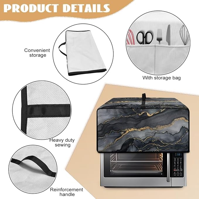 Convection Toaster Oven Cover Protective Small Kitchen Appliance Dust Cover with Accessory Pockets for Kitchen Home Indoor Decorations, S, Marble Black Gold