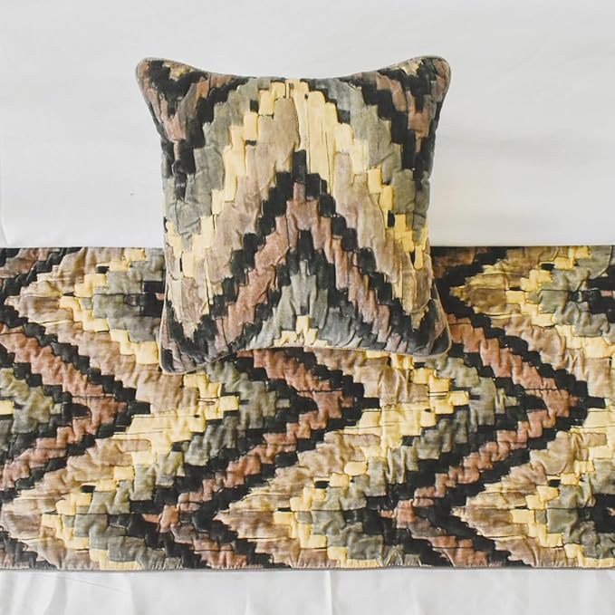 The HomeCentric King/Queen/Twin Beige Designer Full 68"x18" Bed Runner with Pillow Cover, Abstract, Chevron, Quilted Bed Scarf on Suede Velvet Fabric - Paramount
