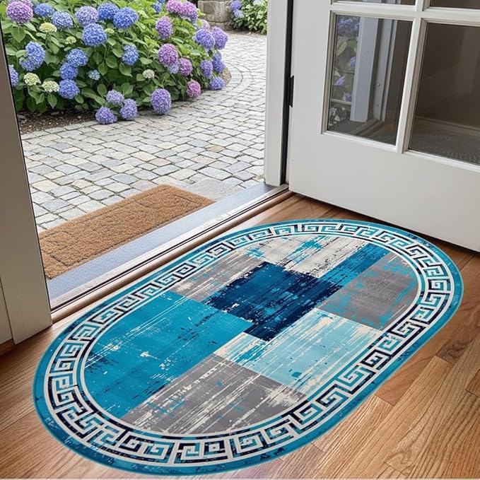 Distressed Blue Grey Greek Key Pattern Indoor Area Rug 5x8 for Living Room Bedroom Dining Room Faux Wool Anti Slip Floor Mats Nursery Entryway Minimalist Geometric Texture Bordered Rugs Retro Carpet