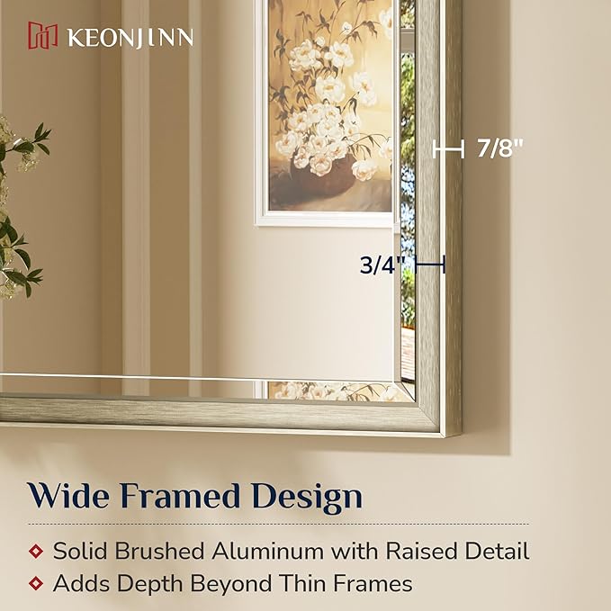 Keonjinn 48" x 36" Brushed Nickel Bathroom Vanity Mirror, Decorative Aluminum Alloy Frame, Beveled Edge Tempered Glass, Shatterproof, Large Silver Mirror for Over Sink, Living Room, Dining Room