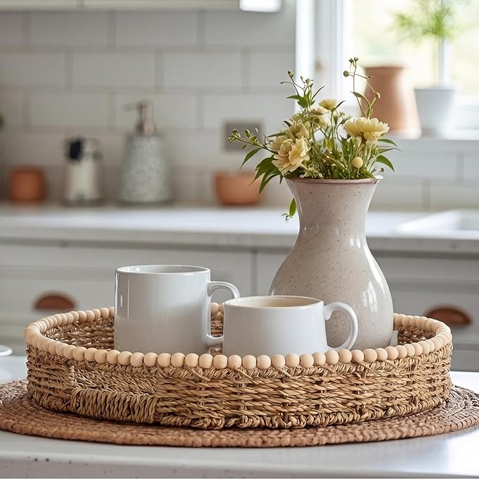 Round Wicker Tray 16'' Large Seagrass Tray Decor with Wooden Beads and Handles, Woven Dining Room Decor for Kitchen Counter, Living Room, Bedroom (Seagrass)
