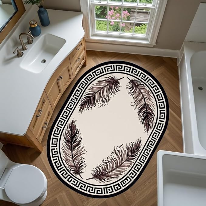 Light Beige Tan Black Greek Key Pattern Bordered Large Rugs for Living Room Bedroom Dining Room Machine Washable Non Skid Soft Area Rug 6x9 Nursery Dorm Guestroom Minimalist Oval Floor Mats Carpet