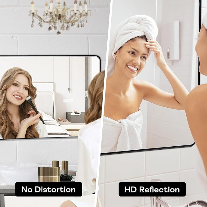Wall Mount Mirror for Bathroom, Brushed Black Metal Framed Rounded Corner Rectangular Vanity Mirror (24" x 36", Black)
