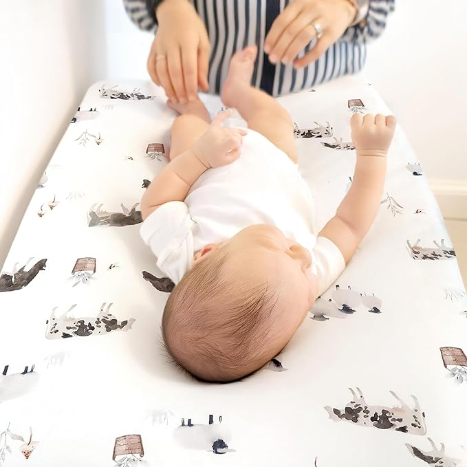 GRSSDER Stretch Ultra Soft Jersey Knit Changing Pad Cover Set 2 Pack, Change Table Pad Covers Fit 32"/34" x 16" Pads Safe and Snug, Cute Watercolor Cows and Birds Print for Boys and Girls