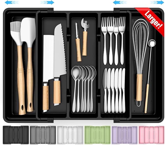 Large Silverware Organizer, Expandable Utensil Drawer Organizer for Kitchen Drawers, Kitchen Drawer Organizer for Spoons/Forks/Knives, Multipurpose & BPA Free Cutlery Tray, Black, 1 Pack