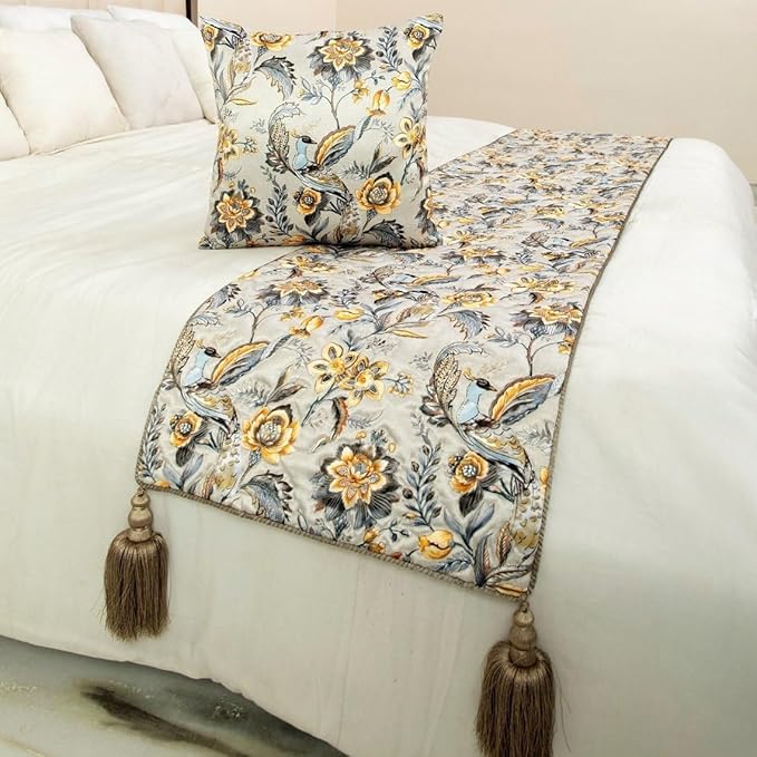 The HomeCentric King/Queen/Twin Grey & Yellow Decorative Full 68"x18" Bed Runner Without Pillow Cover, Peacock, Quilted & Tassels Bed Scarf on Satin Fabric - Peacock Swag