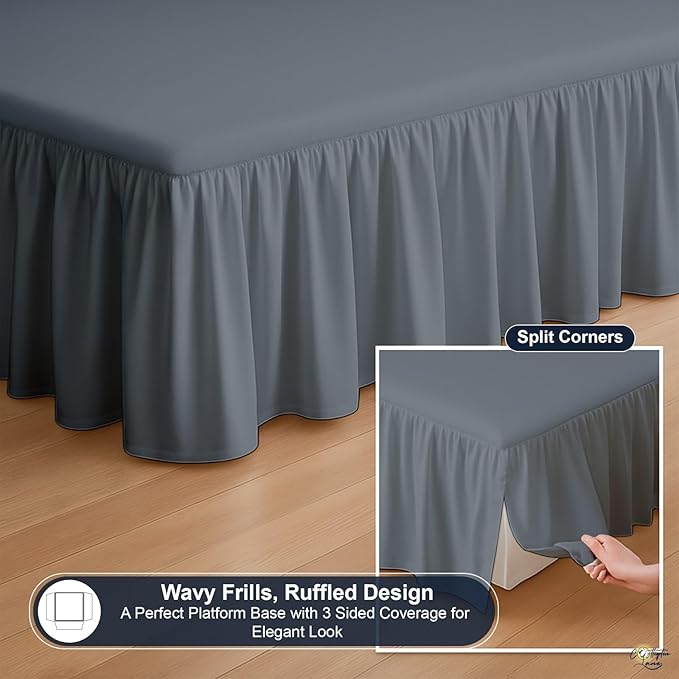 Cottington Lane Ruffled Bed Skirt King Size with Split Corner, Brushed Microfiber Hotel Quality Dark Grey Dust Ruffle, 15 Inch Drop Gathered Bedskirt, Soft and Stylish, Shrinkage and Fade Resistant