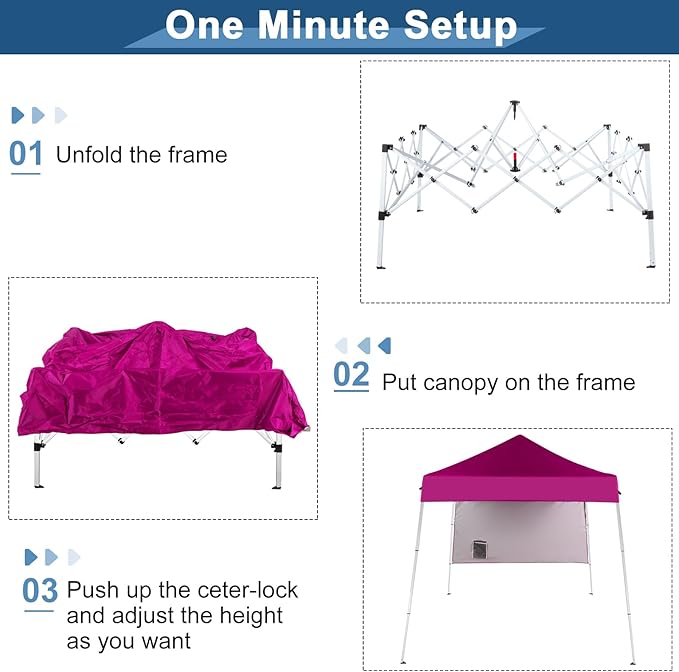 Bonnlo 6x6 Pop Up Canopy Tent, Outdoor Foldable Easy Up Party Tent with 1 Sidewall, Slant Legs Portable Gazebo for Camping, Parties (Pink)