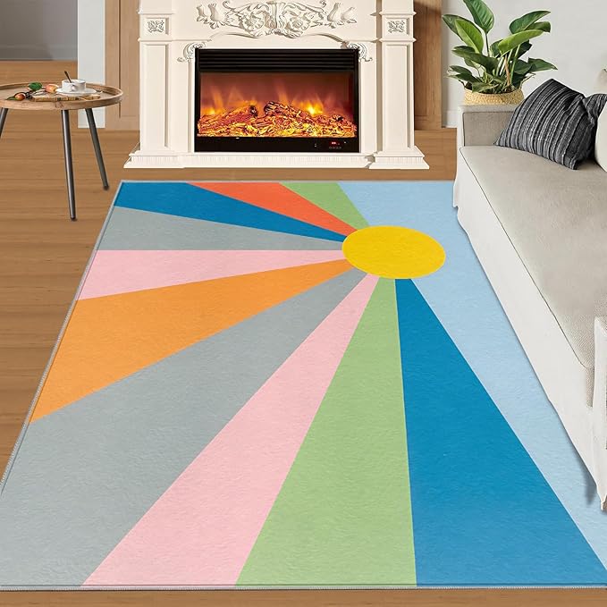 Boho Sun Area Rugs 5x8ft, Abstraction Deco Living Room Carpet, Minimalist Sunburst Decorative Carpet Protect Floor for Bedroom Men Office Hardwood Floors