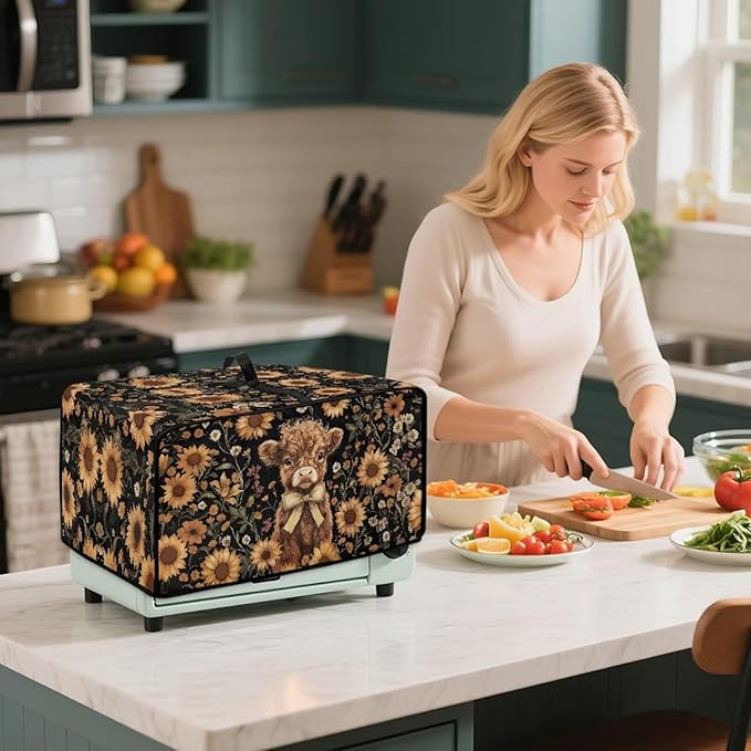 Cute Highland Cattle Print Toaster Oven Cover Heavy Duty Microwave Oven Dust Cover Sunflower Daisy Print Dust-Proof Universal Kitchen Machine Covers Suitable for Most Microwave Ovens, L