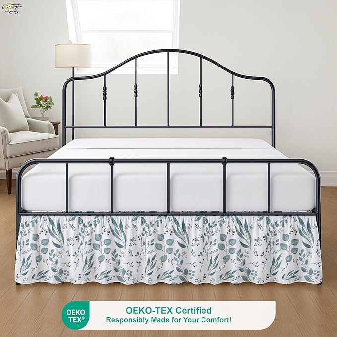 Cottington Lane Ruffled Bed Skirt Queen Size with Split Corner, Brushed Microfiber Hotel Quality Dust Ruffle, 15" Drop Gathered Bedskirt, Soft, Stylish, Shrink & Fade Resistant, Tranquil Green Petals