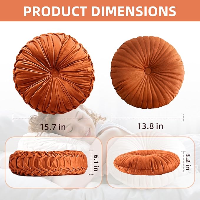 2 Pcs Round Throw Pillows Pleated Velvet Pumpkin Round Pillows Floor Cushion for Living Room Couch Chair Bed Sofa 15.7"x15.7"/13.8" x 13.8" (Orange)