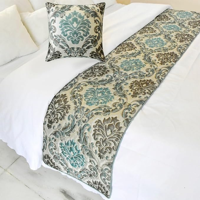 The HomeCentric King/Queen/Twin Blue Designer Twin 53"x18" Bed Runner with 2 Pillow Cover, Damask Bed Scarf on Jacquard Fabric - Royal Elegance