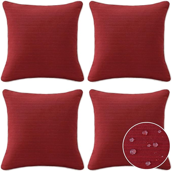 Decorative Outdoor Water Repellent Throw Pillows with Inserts, Set of 4, 18" x18" Pillows for Patio, Backyard, Bed, Couch, and Patio Furniture, Red