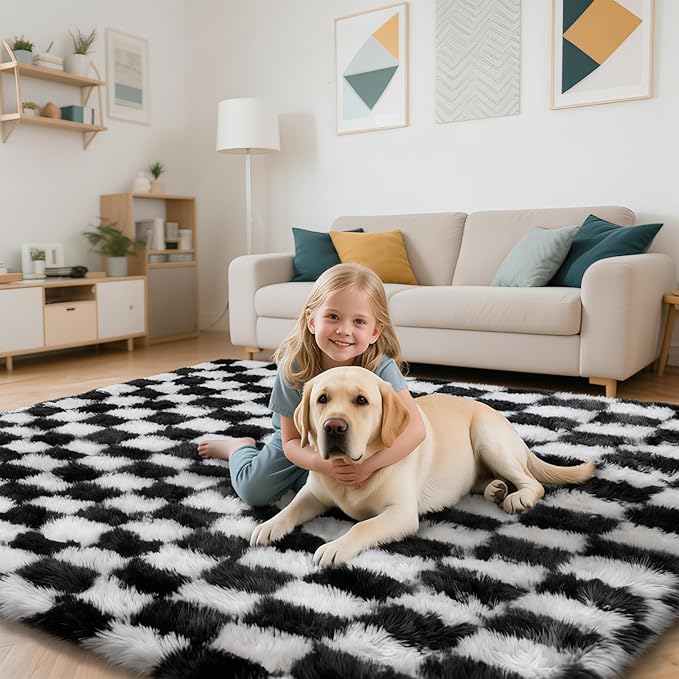 Checkered Rug for Bedroom, 3x5 Black and White Area Rugs, Classic Checkered Carpets Shaggy Area Rug, Bedside Rugs for Living Room Bedroom Kids Room Home Decor