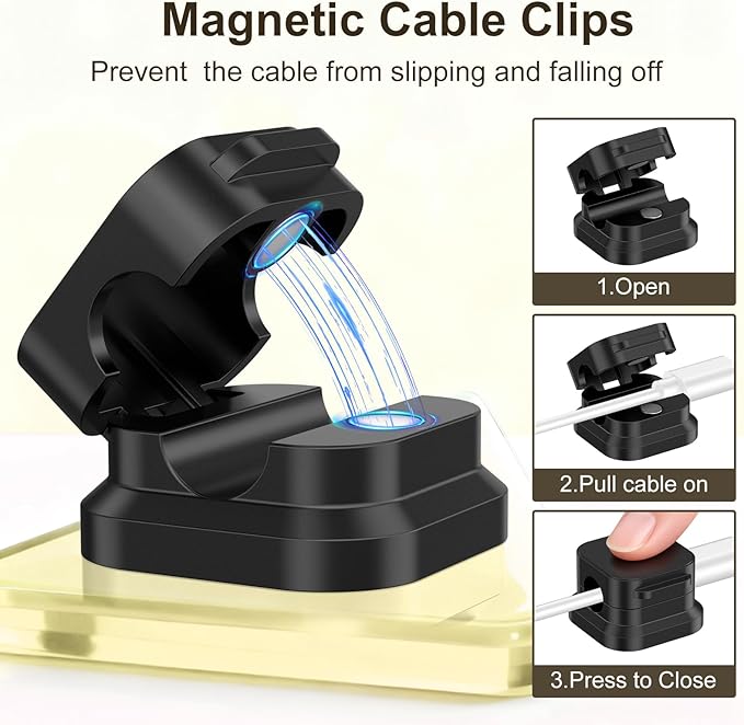 6Pack Magnetic Cable Clips Holder, Cord Organizer for Desk, Strong Adhesive Desk Cable Management for Phone Charger, Computer, Home, Office, Car (Black+White)