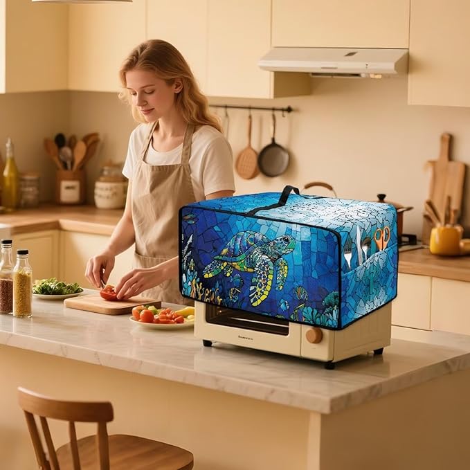 Glass Painting Sea Turtle Print Microwave Oven Cover Dustproof Toaster Oven Cover Large Size Foldable Kitchen Appliance Protector with Storage Bag Machine Washable, S